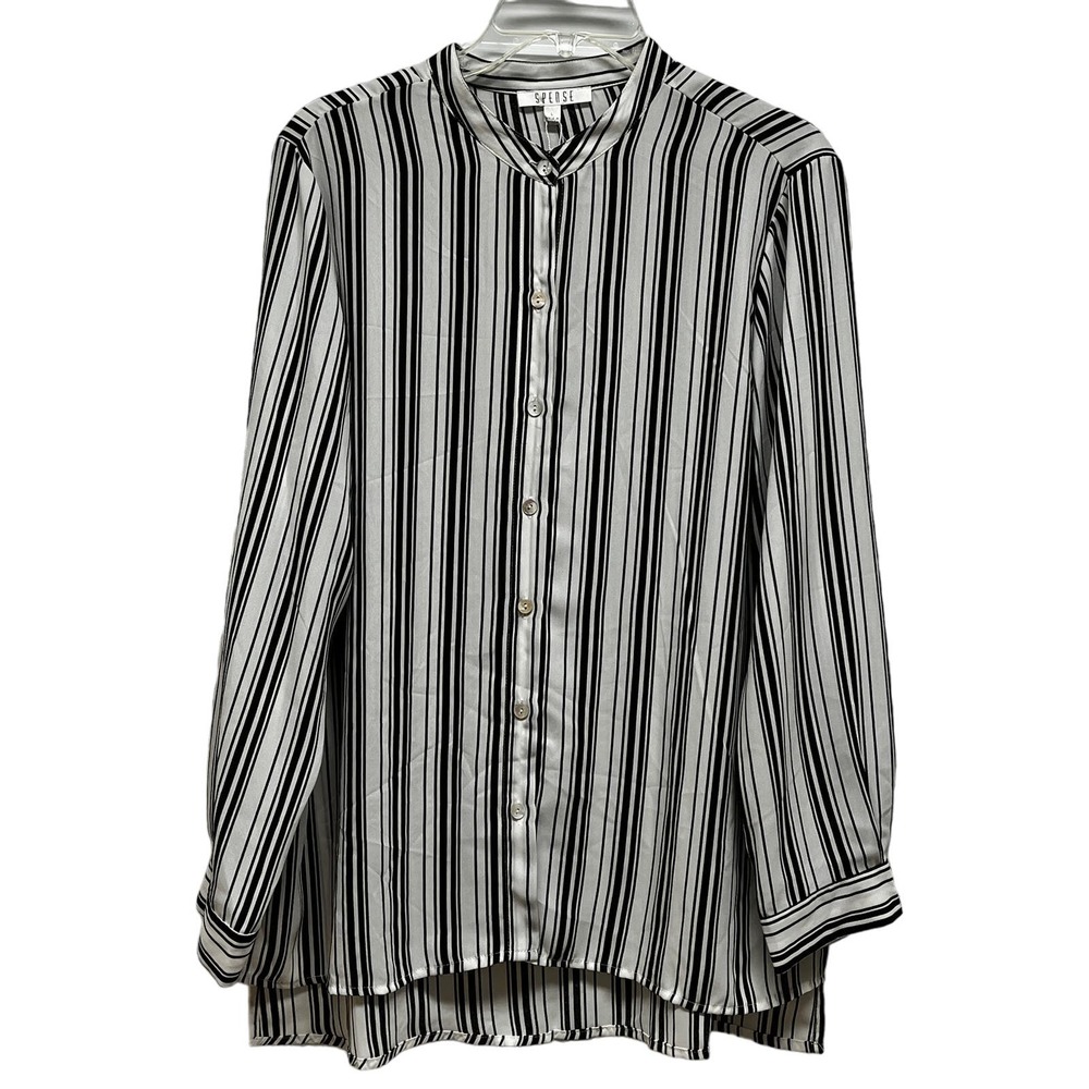 Spense Womens Blouse Size S Black & White Striped Button Up Long Sleeve Top